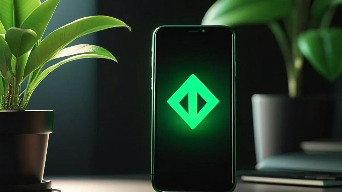 Celular con un icono verde luminoso en pantalla entre plantas sobre el escritorio