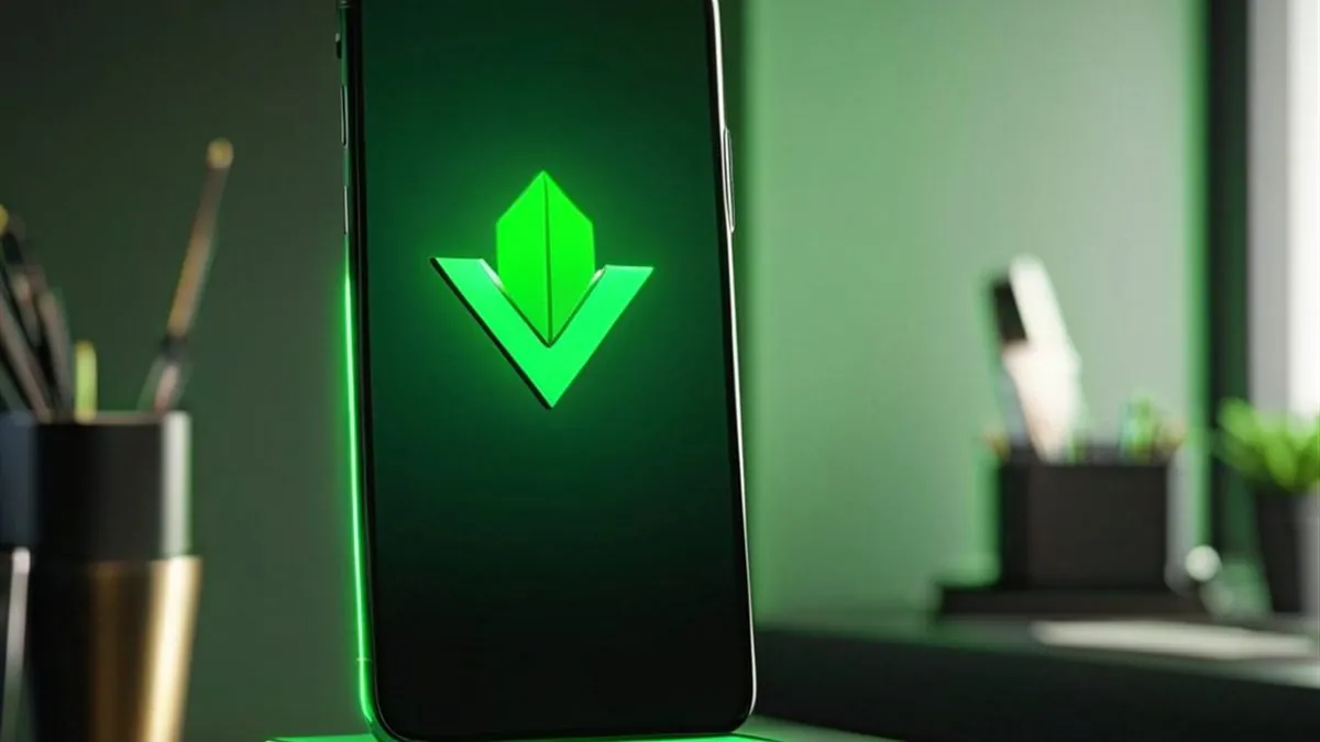 Celular en una base iluminada con una flecha de descarga verde en la pantalla