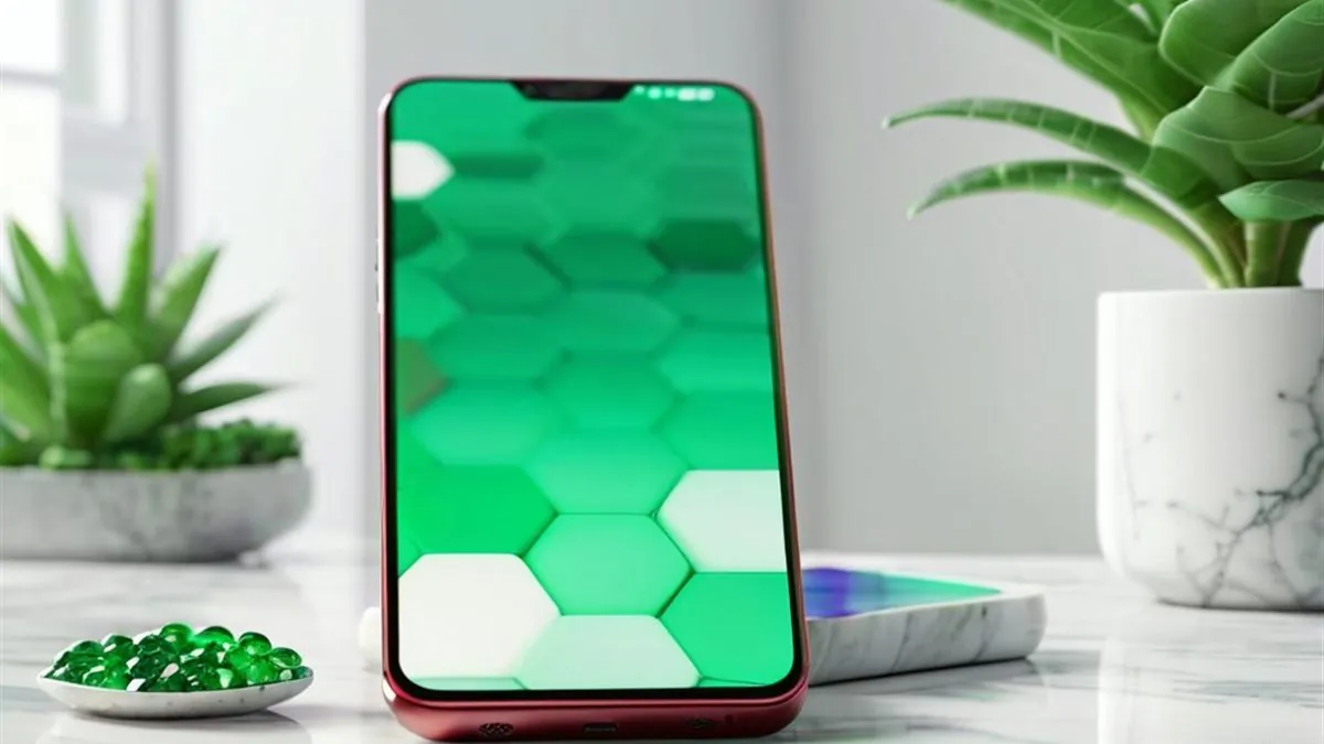 Celular con pantalla de hexágonos verdes sobre mármol blanco junto a plantas y gemas verdes