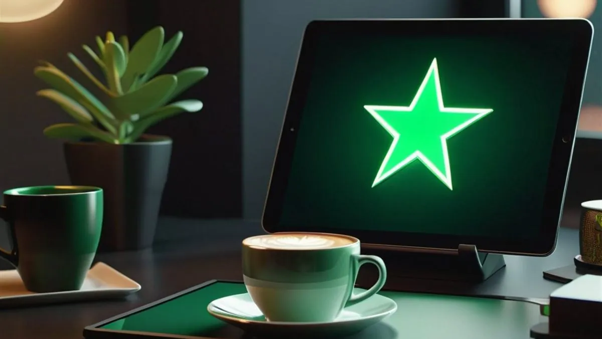 Tablet con una estrella verde en pantalla junto a una taza de café y una planta