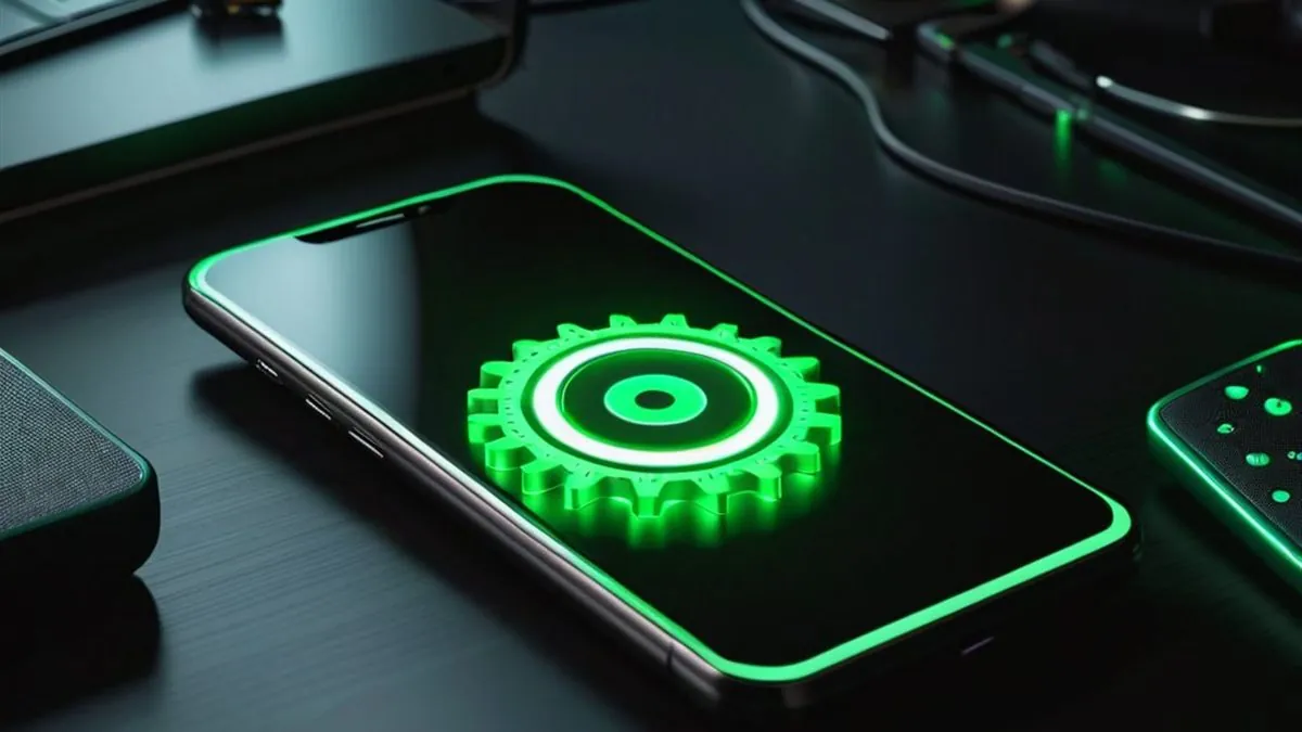 Celular con un engrane verde luminoso en pantalla sobre un escritorio oscuro